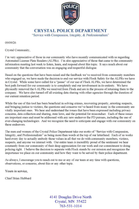 Image attached to: Crystal PD ends its Flock ALPR program entirely